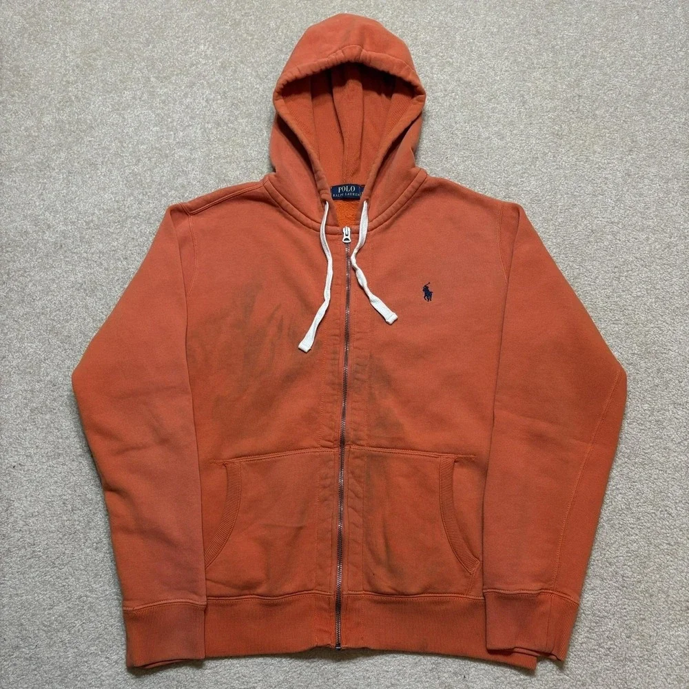 Polo Ralph Lauren Hoodie Sweatshirt‎ Mens Large Orange Full Zip Pony Logo Fleece